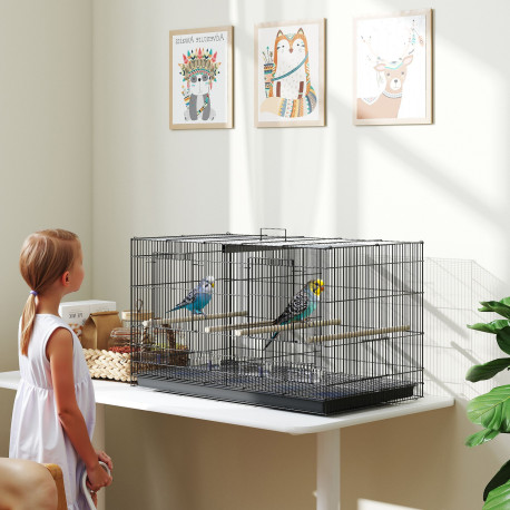 PawHut Bird Cage with Divider, 4 Wooden Perches, Slide Out Tray, 4 Feeders, for Budgie, Lovebird, Canary, 76 x 46 x 46cm, Black