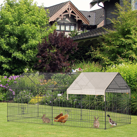 PawHut Metal Chicken Run Coop with Water-Resistant Cover for Bunny, Guinea Pig, Easy to Store & Set-up, Beige