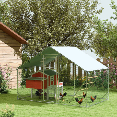 PawHut Walk in Chicken Run w/ Cover, Feeding Door, Hanging Feeder, Perch, for 6-8 Poultry