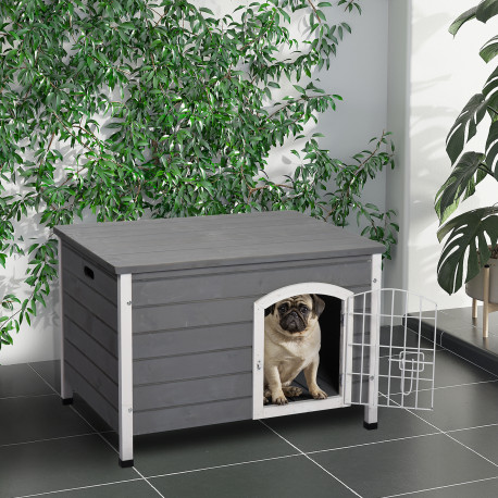 PawHut Wooden Dog House with Removable Bottom, Wire Door, Openable Top, Pet Shelter for Small Dog, 80 x 55 x 53.5cm, Dark Grey