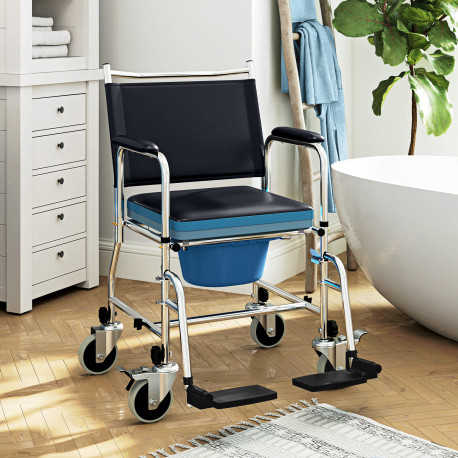 Rolling Shower Chair with Wheels, Bedside Commode Wheelchair with Padded Seat, Backrest, for Seniors, Adults, Injured or Disable