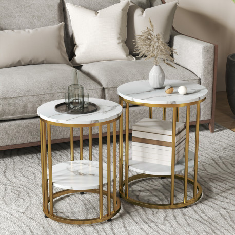 Set of Two Marble-Effect Coffee Tables - White/Gold-Tone