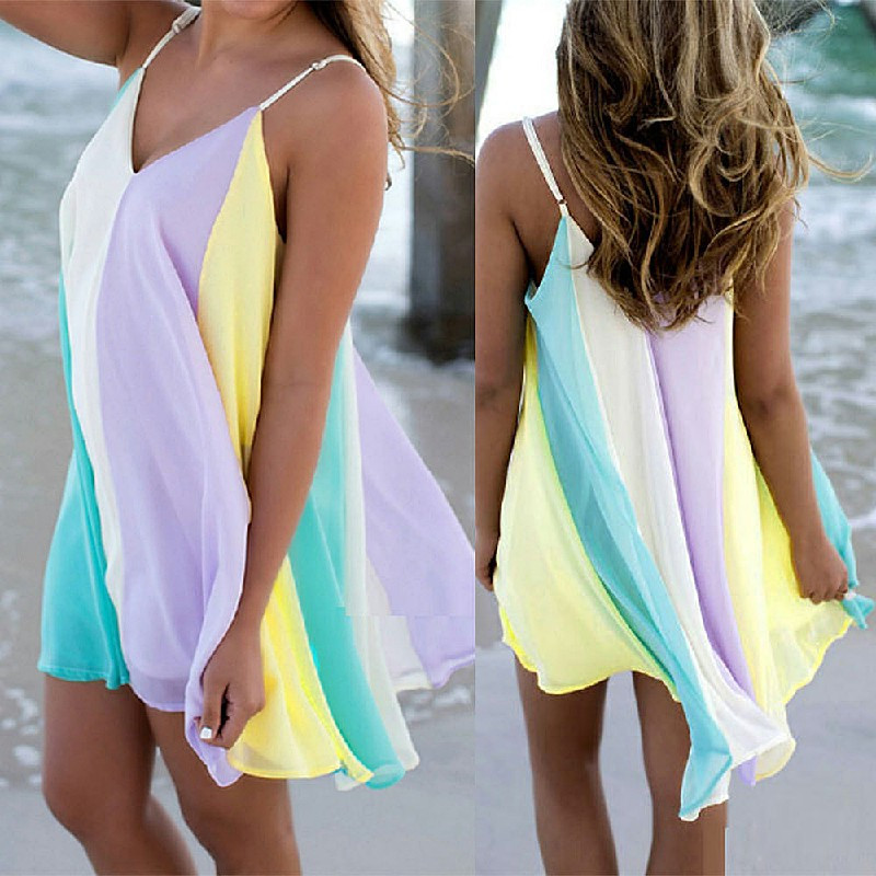Fashion Summer Women Chiffon Rainbow Harness Dress Beach Party Wearings Size XS