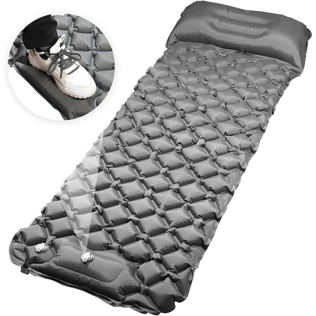 Integrated Foot Pump Portable Inflatable Camping Sleeping Mat with Pillow - Grey