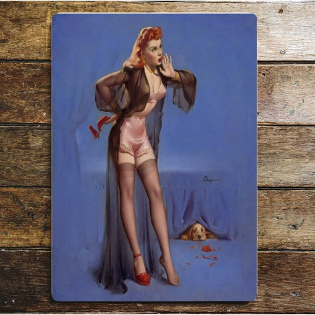 Pin Up Girl Spaniel Naughty Dog eating shoe  - Metal Personalised Art Wall Sign
