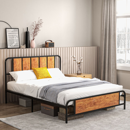5.2ft King Bed Frame with Industrial Wood Headboard, Steel Slat Support and 31cm Underbed Storage Space, 160 x 207cm, Rustic Bro