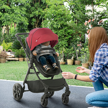 Foldable Baby Stoller, with Reclining Backrest, Adjustable Canopy, for Ages 0-36 Months - Red