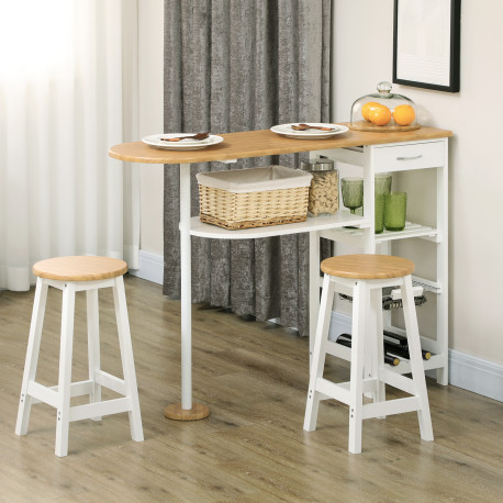 3 Piece Bar Table Set, Breakfast Bar table and Stools with Storage Shelf, Drawer, Wire Basket and Wine Rack for Kitchen, Home Ba