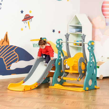 3-IN-1 Kids Swing and Slide Set with Basketball Hoop Slide Swing Adjustable Seat Height Toddler Playground Activity Center Indoo