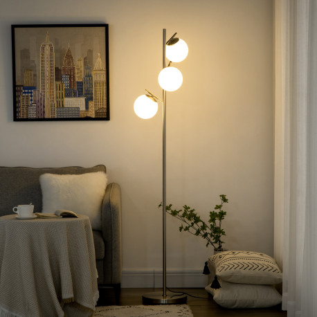 3-Light Tree Floor Lamps for Living Room, Modern Standing Lamp for Bedroom with Globe Lampshade, Steel Base, Bulb not Included, 