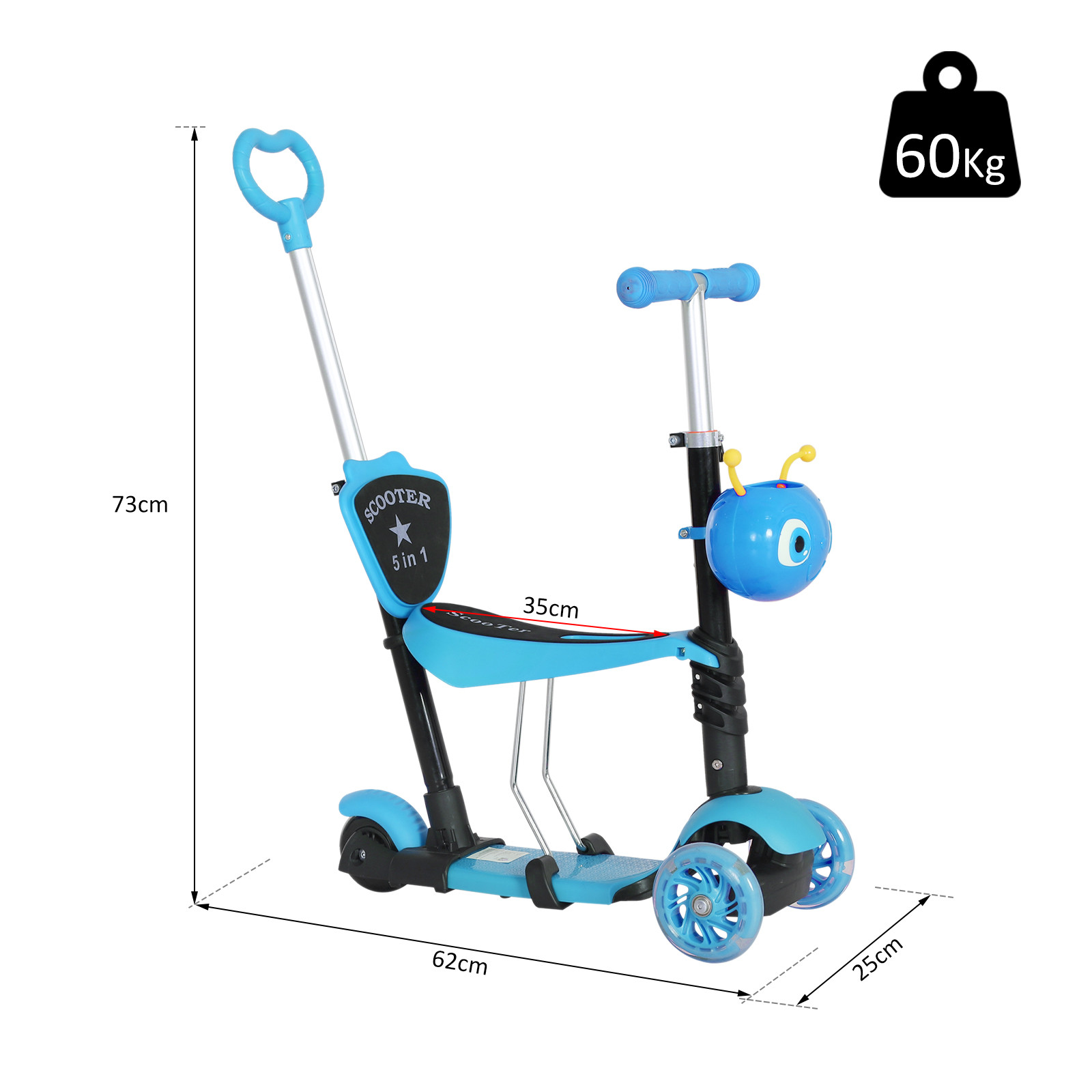 5 in1 Kids  Scooter 3 Wheel Toddler scooter Kick Scooter with Adjustable Handlebar, Removable Seat &amp; Back Rest for 18 Month+, Bl