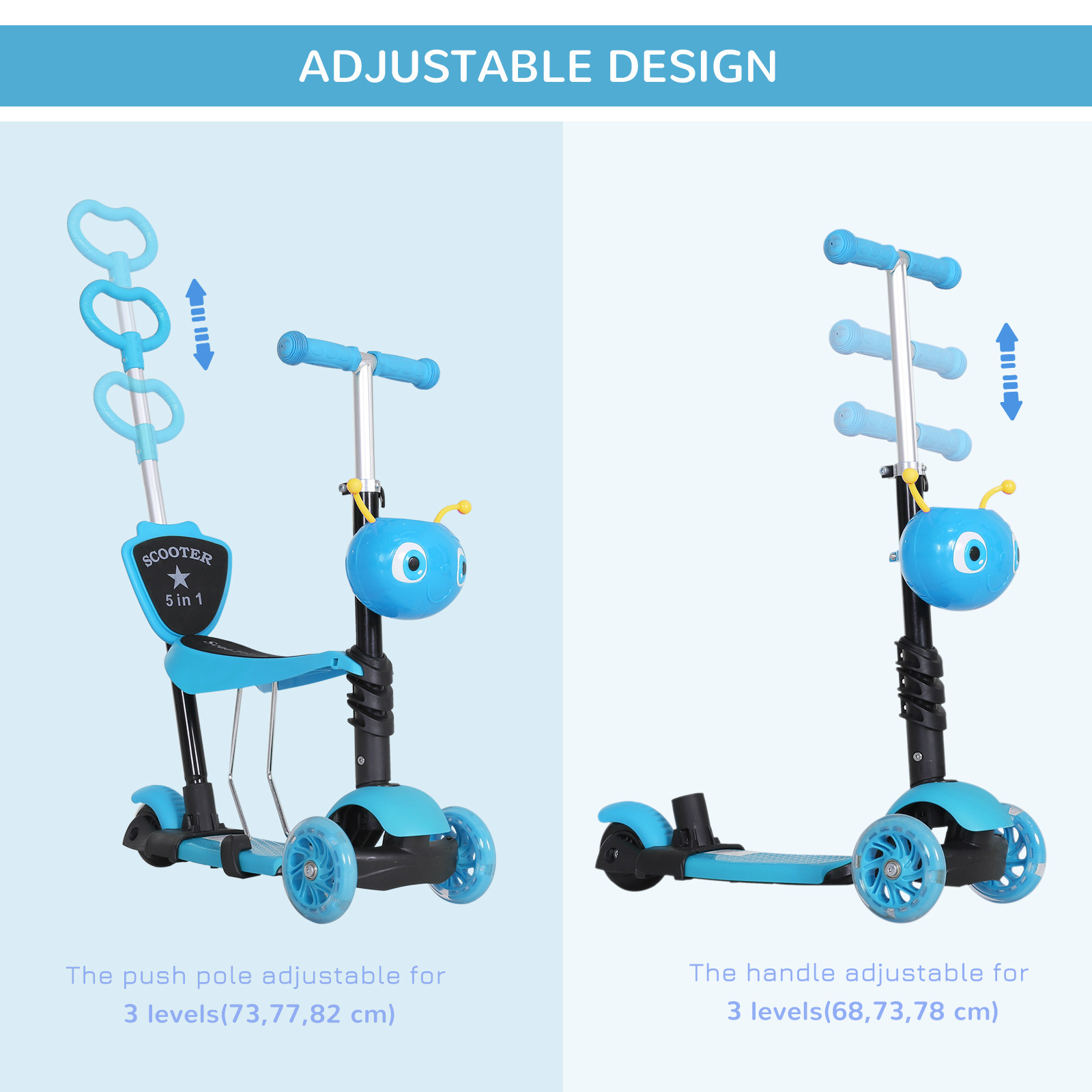 5 in1 Kids  Scooter 3 Wheel Toddler scooter Kick Scooter with Adjustable Handlebar, Removable Seat &amp; Back Rest for 18 Month+, Bl