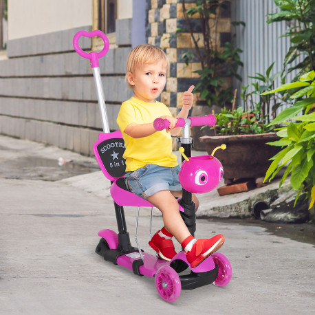 5 in1 Kids  Scooter 3 Wheel Toddler scooter Kick Scooter with Adjustable Handlebar, Removable Seat & Back Rest for 18 Month+, Pi