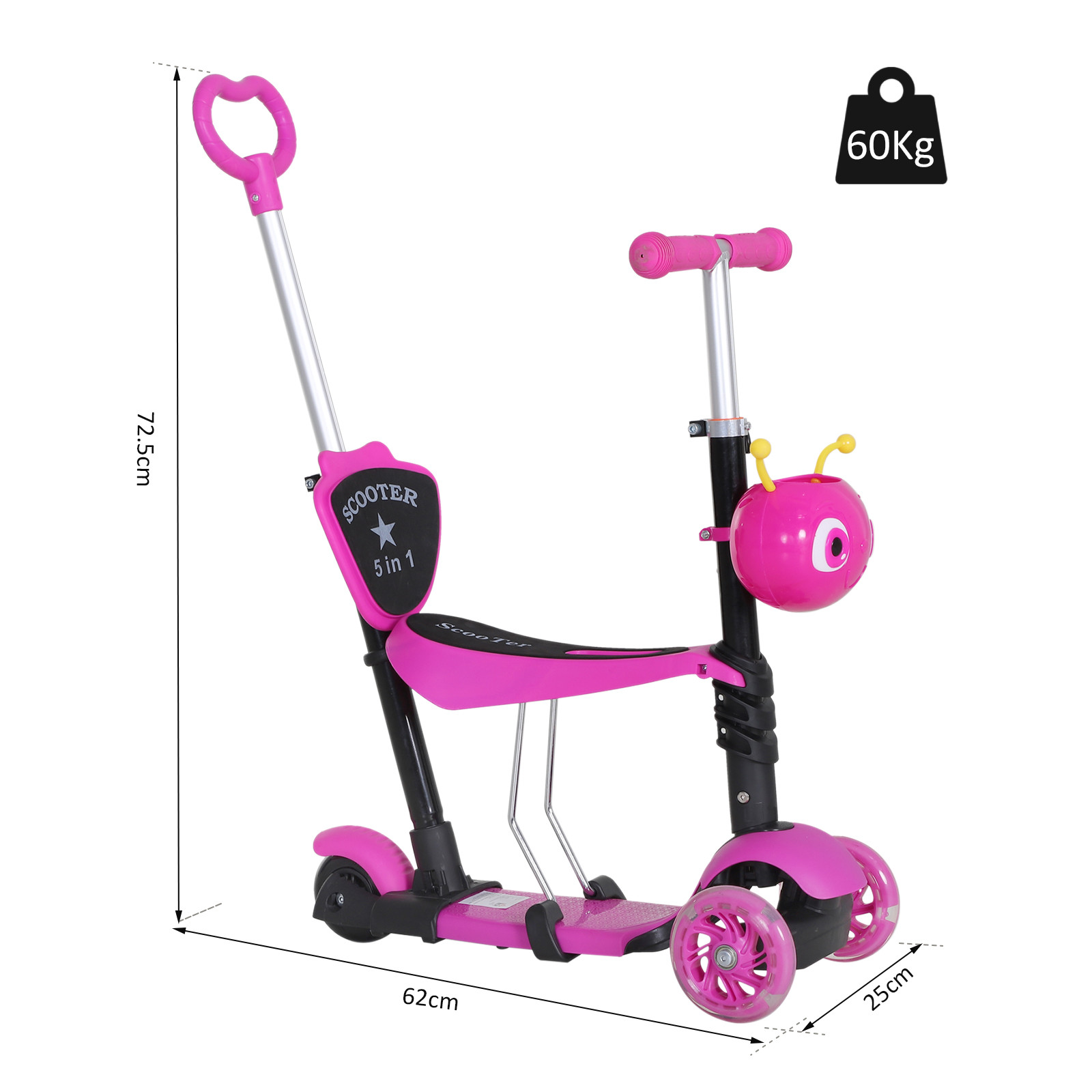 5 in1 Kids  Scooter 3 Wheel Toddler scooter Kick Scooter with Adjustable Handlebar, Removable Seat &amp; Back Rest for 18 Month+, Pi