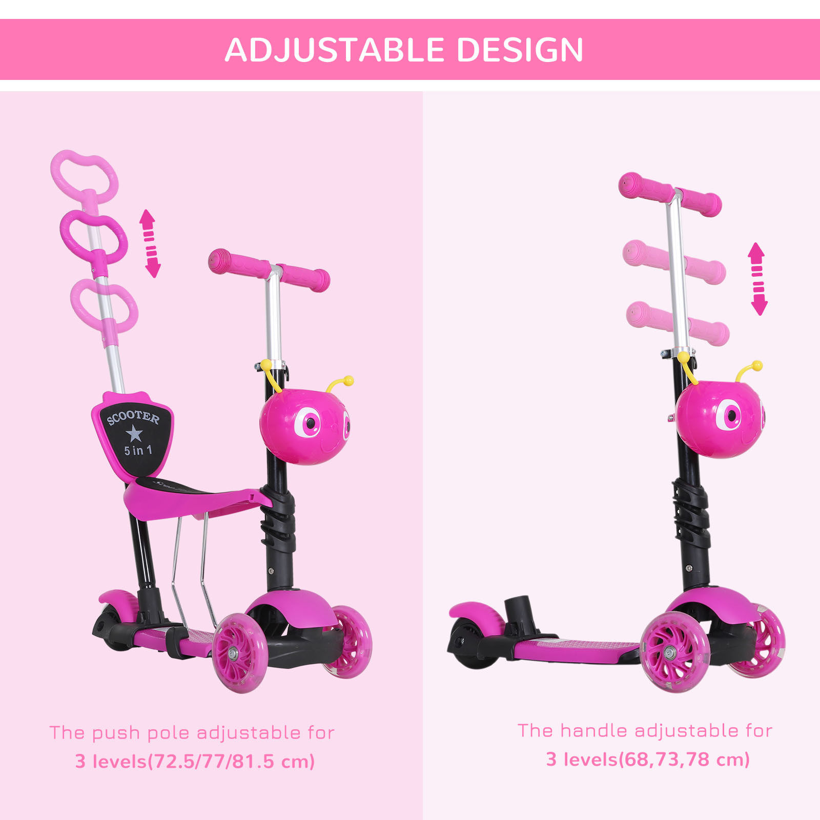5 in1 Kids  Scooter 3 Wheel Toddler scooter Kick Scooter with Adjustable Handlebar, Removable Seat &amp; Back Rest for 18 Month+, Pi