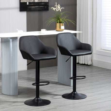Bar Stools Set of 2, Height Adjustable Swivel Barstools, PU Leather Kitchen Stools with Backs, Armrests and Footrest for Home, C