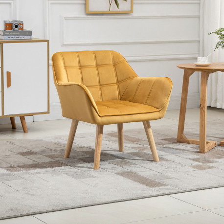 Modern Armchair, Accent Chair with Wide Arms, Slanted Back and Rubber Wood Legs for Living Room, Bedroom, Home Office Yellow