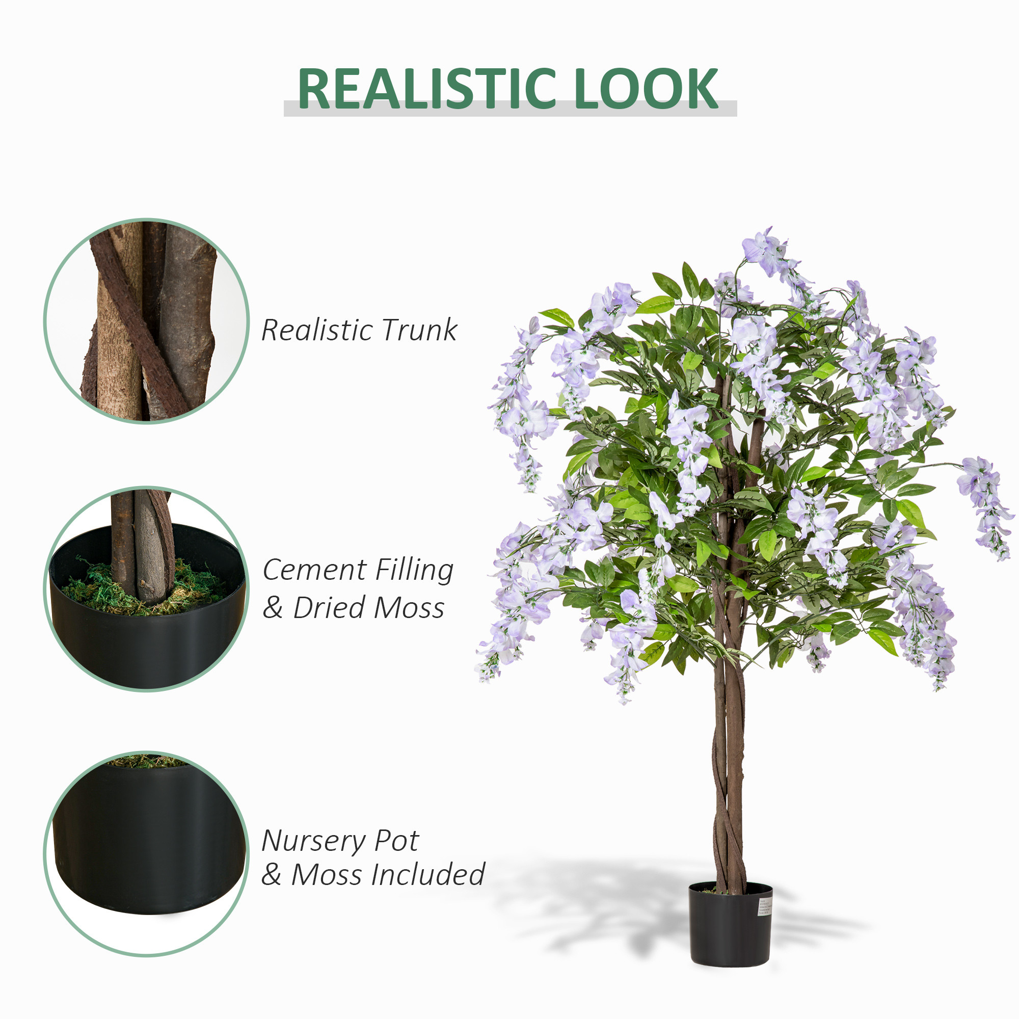 Artificial Realistic Wisteria Flower Tree Faux Decorative Plant in Nursery Pot for Indoor Outdoor D&eacute;cor, 110cm