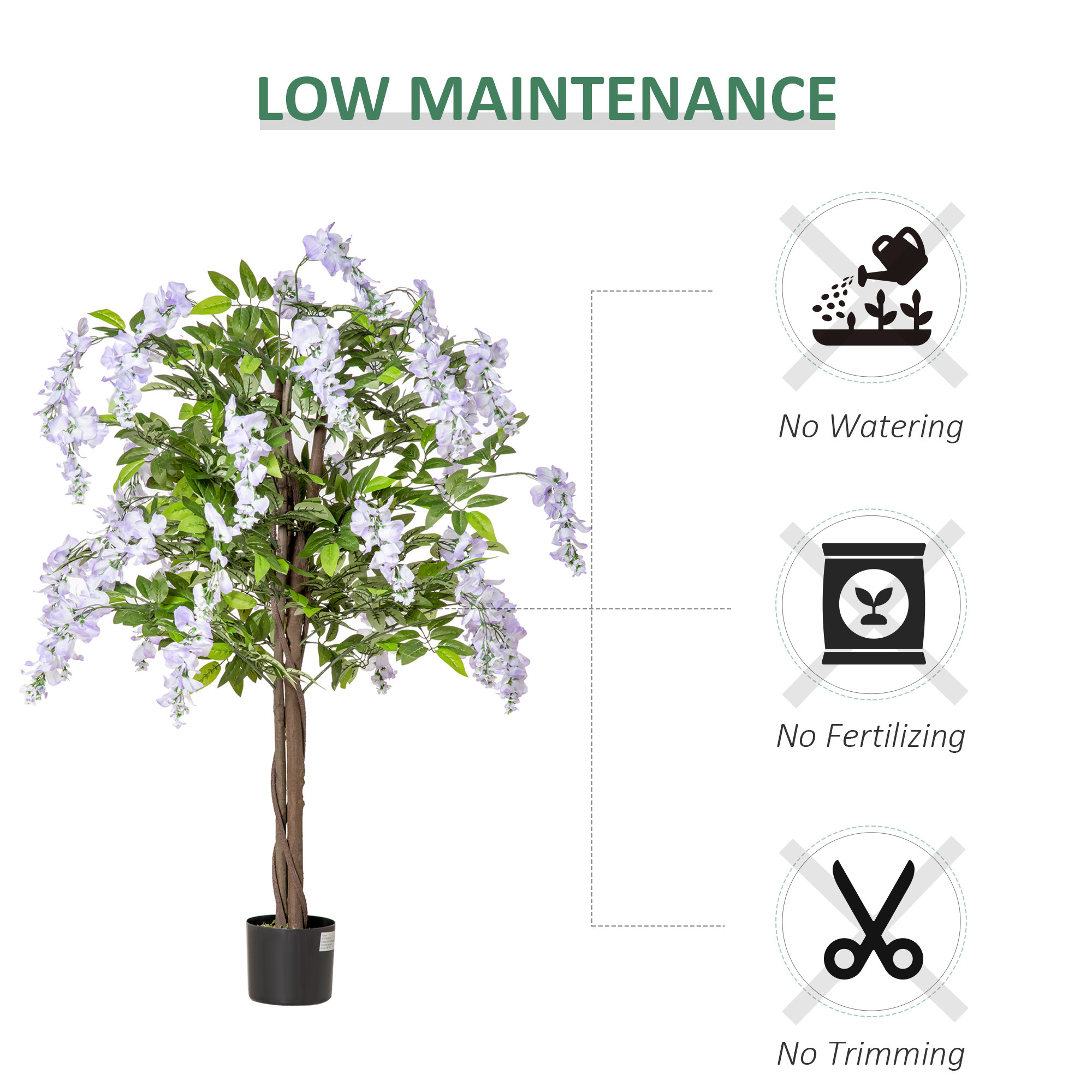 Artificial Realistic Wisteria Flower Tree Faux Decorative Plant in Nursery Pot for Indoor Outdoor D&eacute;cor, 110cm