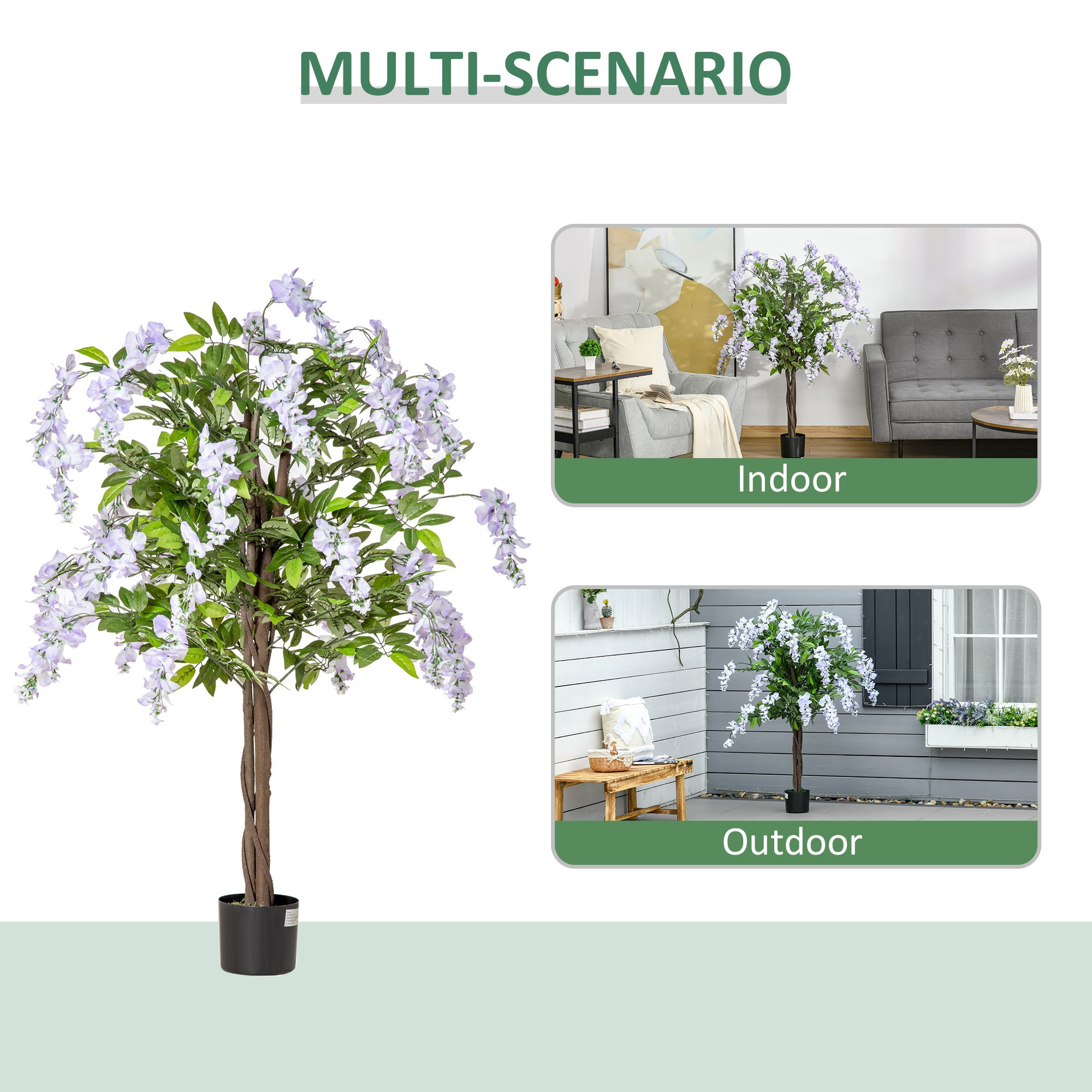 Artificial Realistic Wisteria Flower Tree Faux Decorative Plant in Nursery Pot for Indoor Outdoor D&eacute;cor, 110cm
