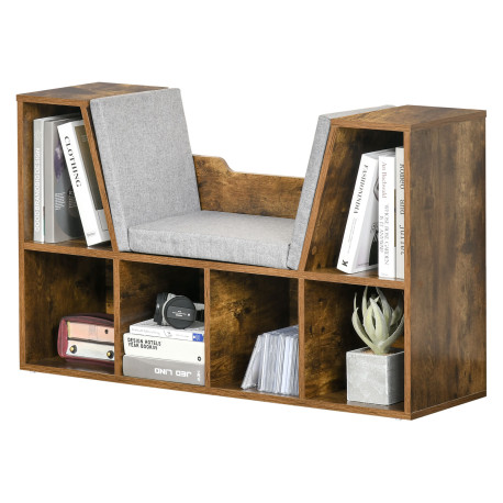 Bookcase Storage Shelf with Cushioned Reading Seat, Cube Bookshelf Organizer for Bedroom Living Room, Rustic Brown