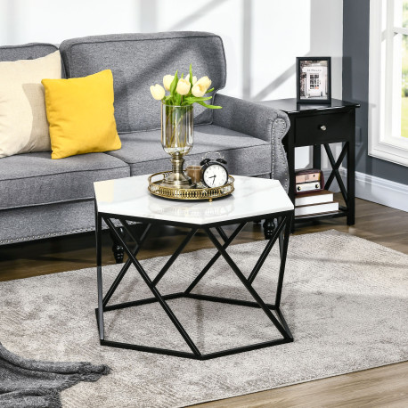 Hexagonal Coffee Table with High Gloss Marble Effect Table Top, Modern Cocktail Table with Steel Frame for Living Room, White