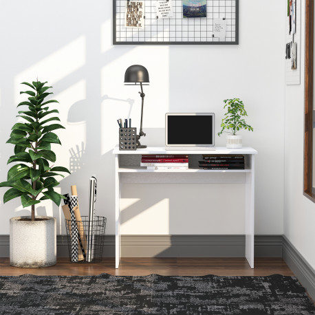 Modern Computer Desk, Home Office Table, Small Writing Desk with Storage Shelf, 90 x 50cm, White Wood Grain