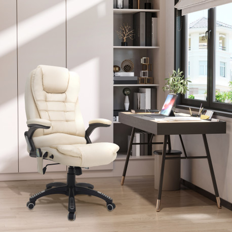 Executive Office Chair with Massage and Heat, High Back PU Leather Massage Office Chair with Adjustable Height, Beige