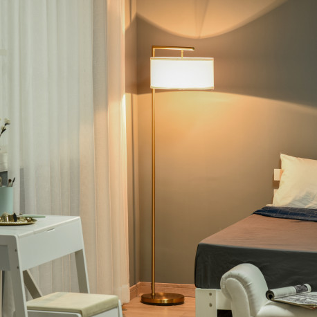 Floor Lamp, Modern Standing Light with Linen Lampshade, Round Base for Living Room, Bedroom, Dining Room, 153cm, Gold and White
