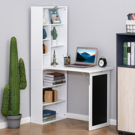 Wall Mounted Computer Desk, Folding Study Table with Black Board and Bookshelf, Multifunctional Floating Writing Desk for Home O