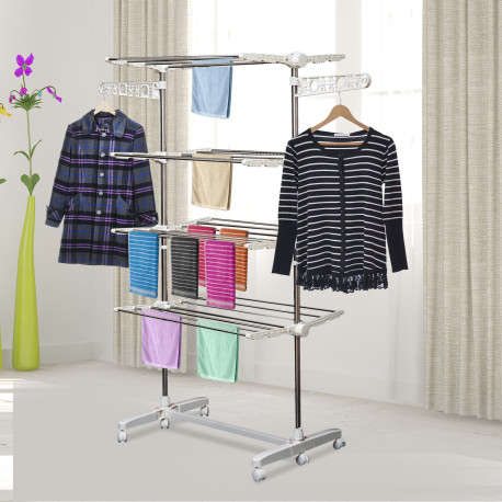 Four-Shelf Collapsing Clothes Horse, With Side Arms and Wheels - White
