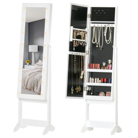 Free Standing LED Mirrored Jewelry Cabinet Armoire Floor Organiser W/ 3 Angle Adjustable For Rings Earrings Bracelets Cosmetics 