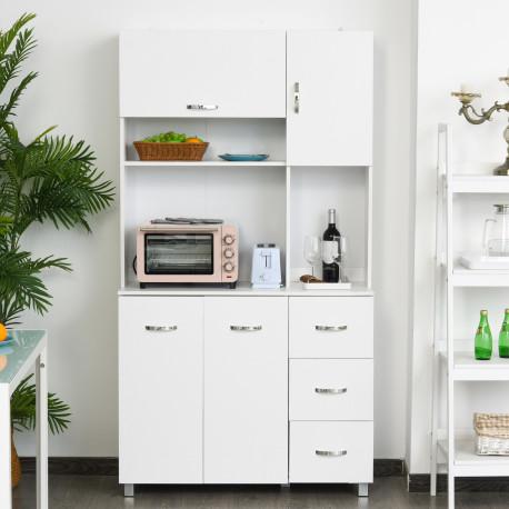 Freestanding Kitchen Cupboard, Storage Cabinet with Doors and Shelves, Drawers, Open Compartments for Microwave,White