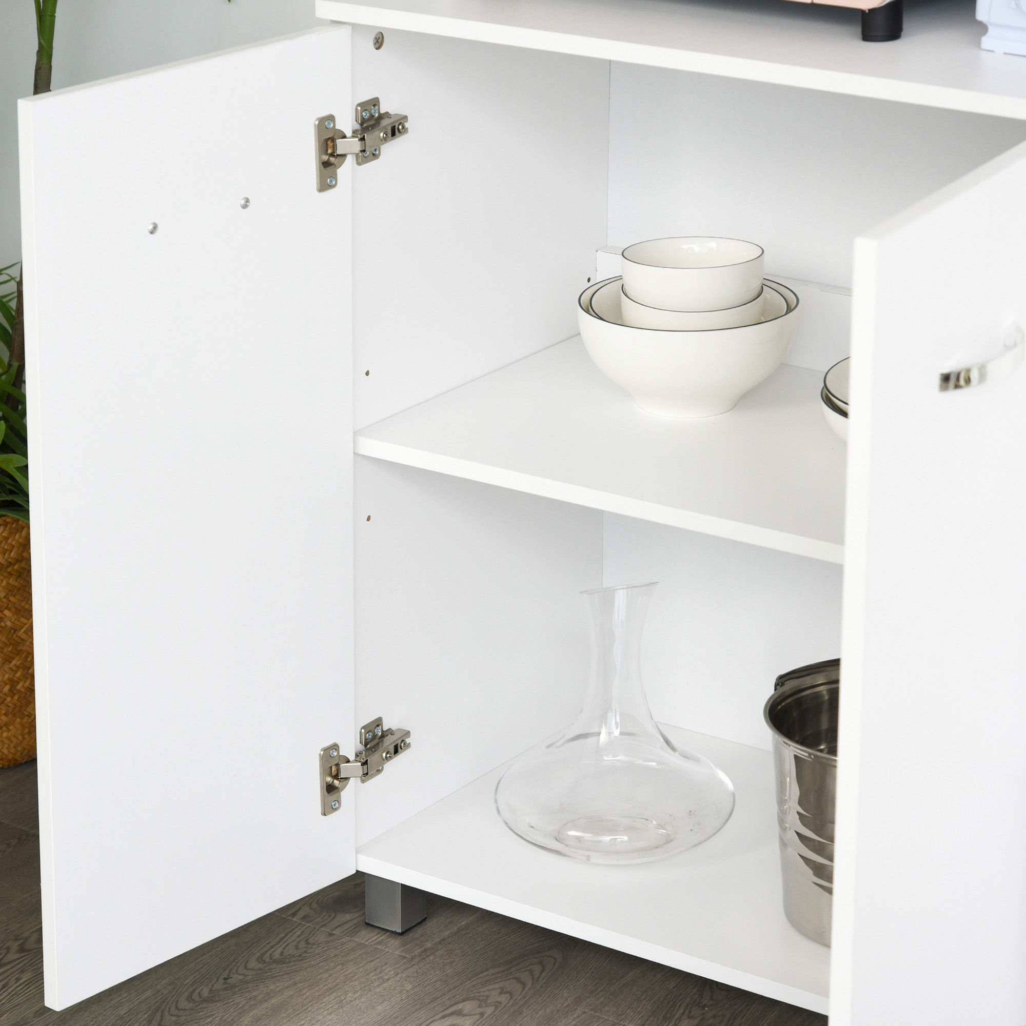 Freestanding Kitchen Cupboard, Storage Cabinet with Doors and Shelves, Drawers, Open Compartments for Microwave,White