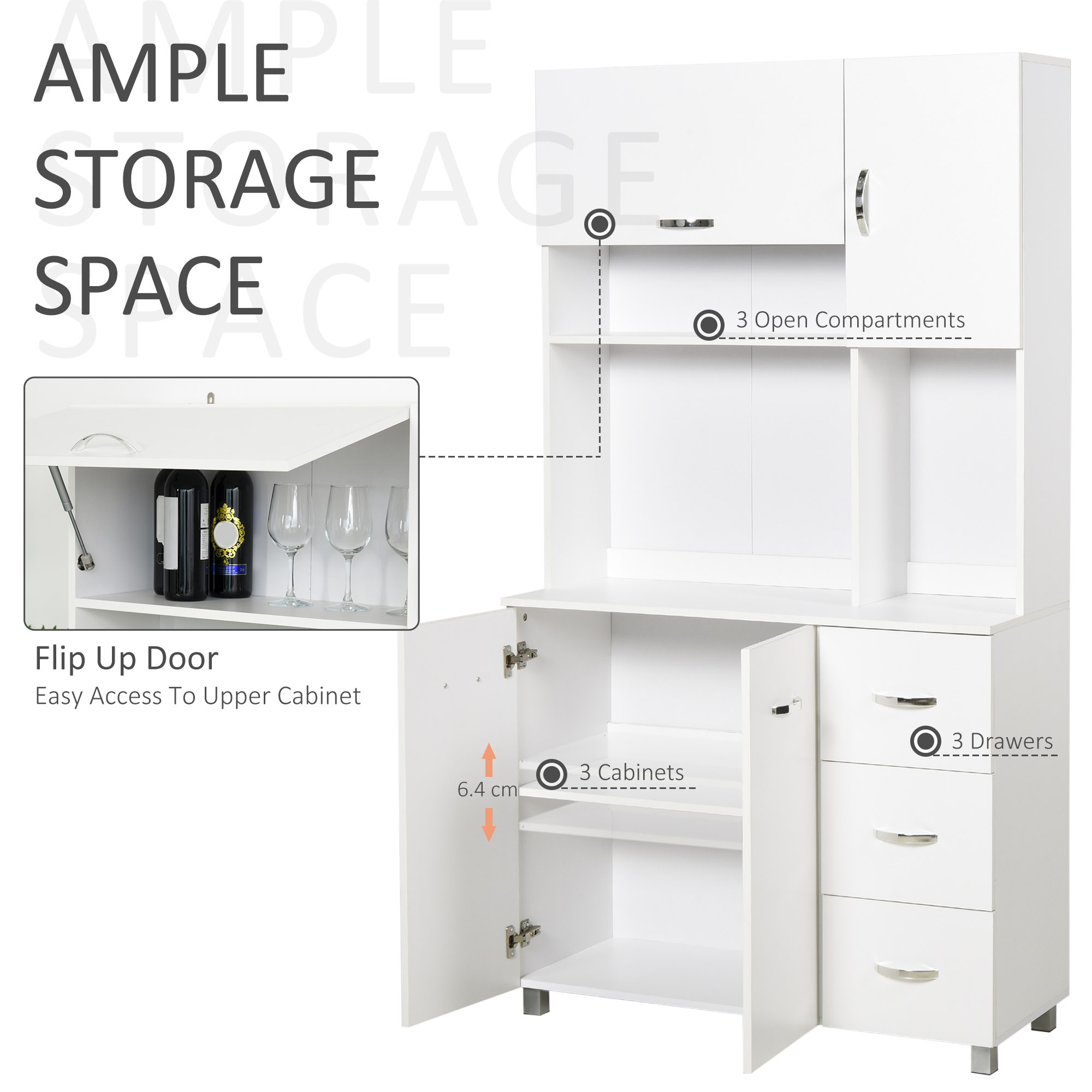 Freestanding Kitchen Cupboard, Storage Cabinet with Doors and Shelves, Drawers, Open Compartments for Microwave,White