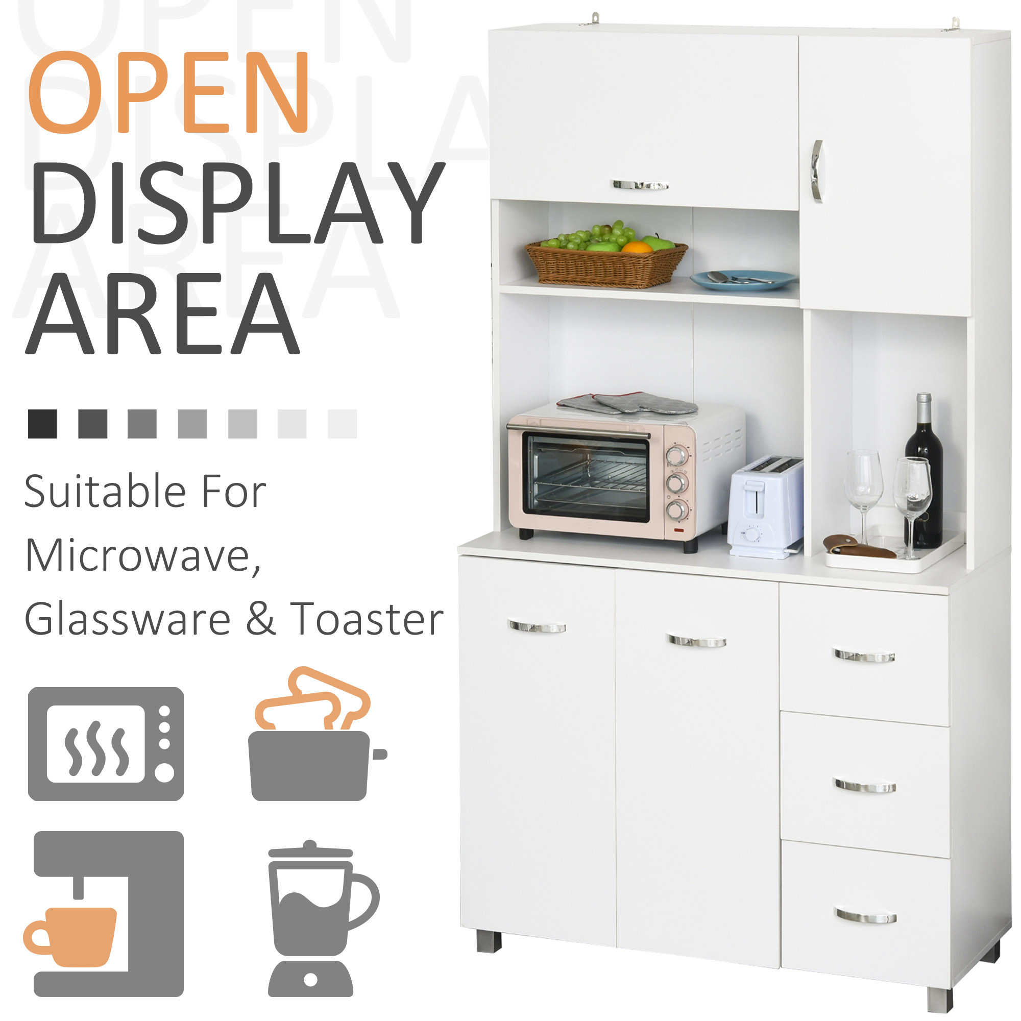 Freestanding Kitchen Cupboard, Storage Cabinet with Doors and Shelves, Drawers, Open Compartments for Microwave,White