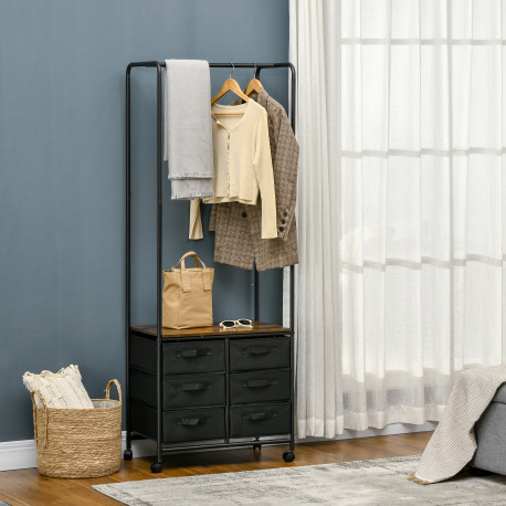 Industrial Hanging Clothes Rail, Clothes Rack with 6 Fabric Drawers, Open Wardrobe Organiser for Hallway, Bedroom and Closet, Ru