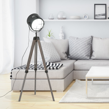 Industrial Style Adjustable Tripod Floor Lamp for Living Room Bedroom, Vintage Spotlight Reading Lamp with Wood Legs, 115-155cm,