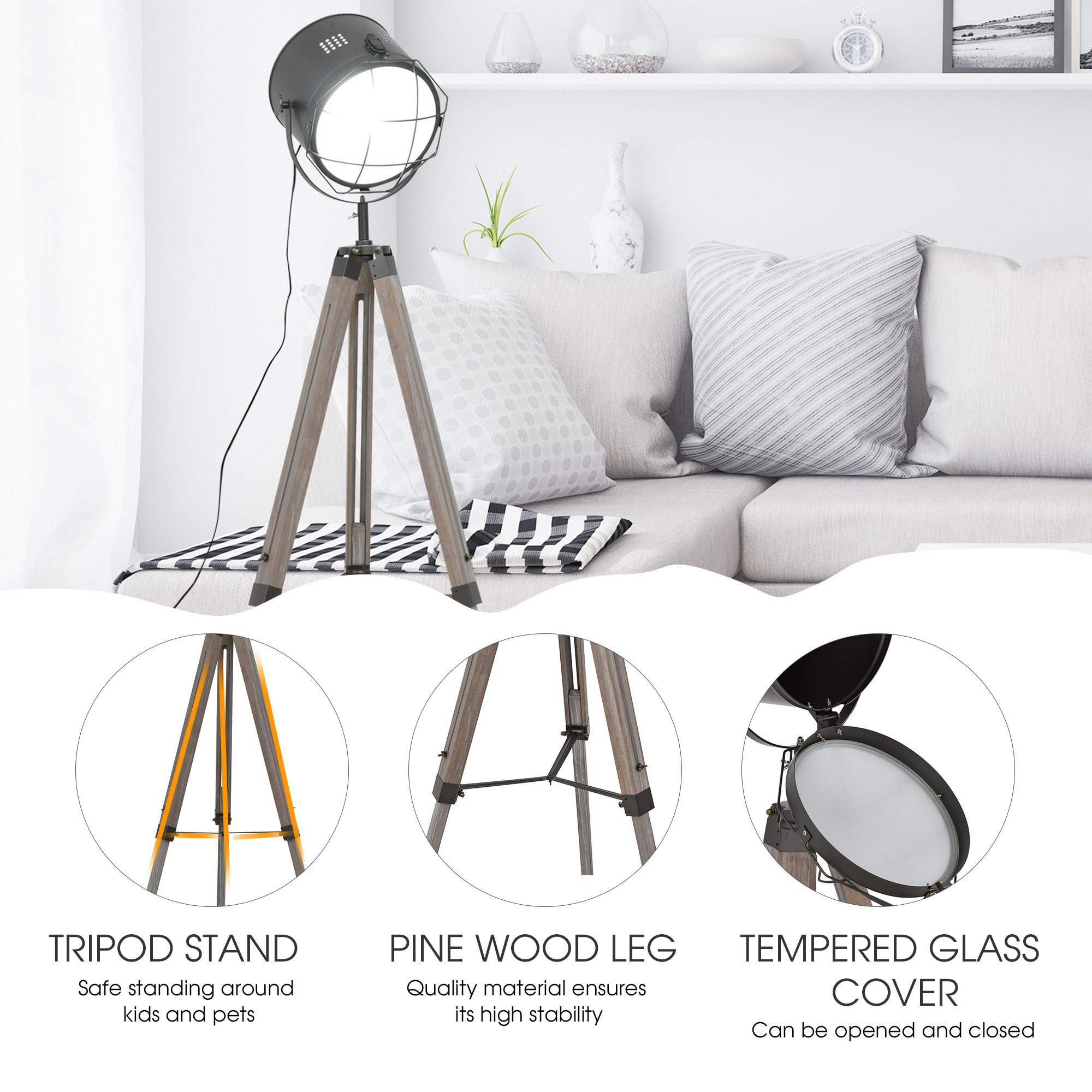 Industrial Style Adjustable Tripod Floor Lamp for Living Room Bedroom, Vintage Spotlight Reading Lamp with Wood Legs, 115-155cm,