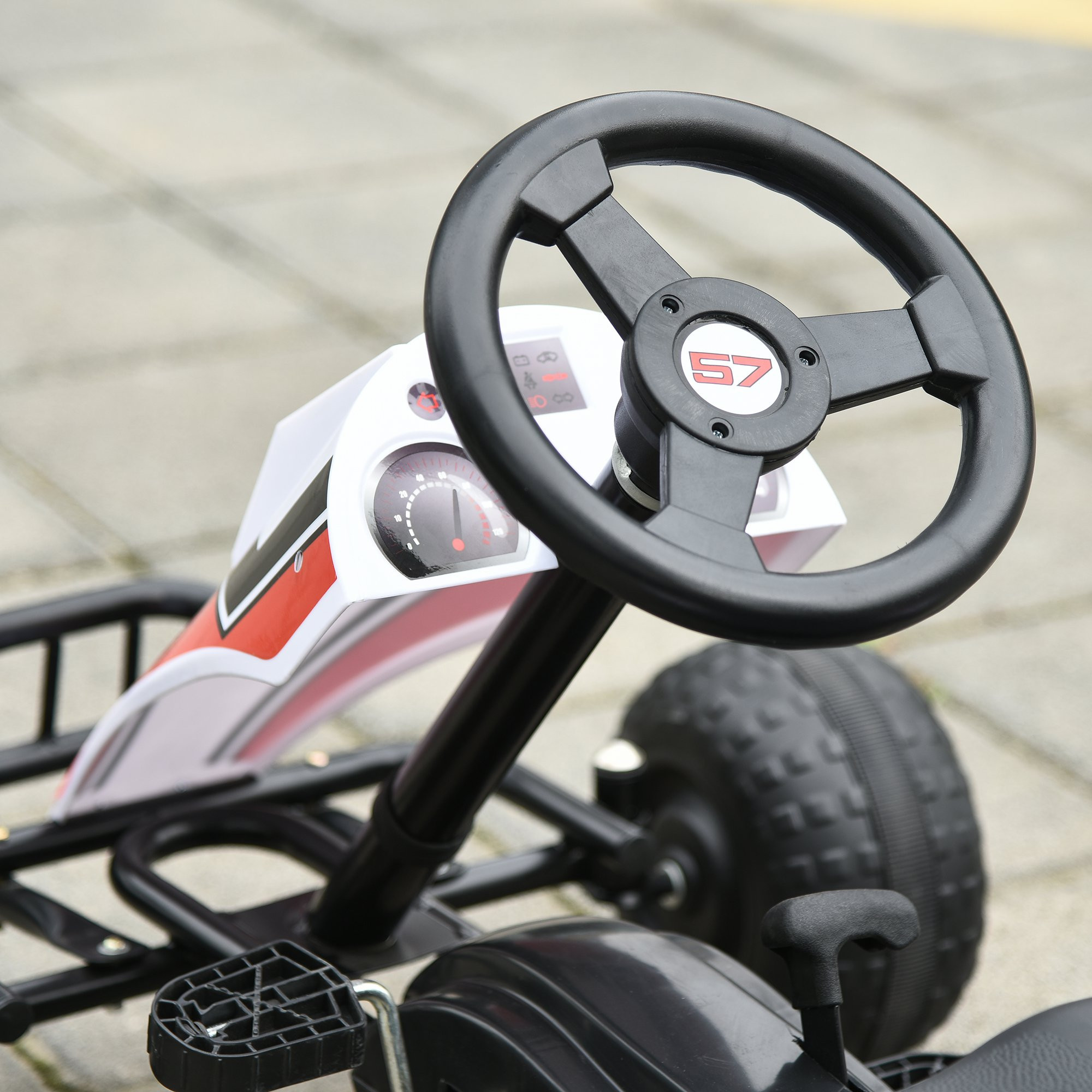 Kids Children Pedal Go Kart Manual Ride On Car w/ Brake Gears Steering Wheel Adjustable Seat 4 Smooth Wheels Racing-Style White 