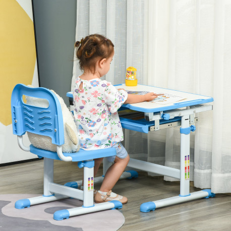 Kids Desk and Chair Set, Height Adjustable Student Writing Desk, Children School Study Table with Tiltable Desktop, Drawer, Pen 