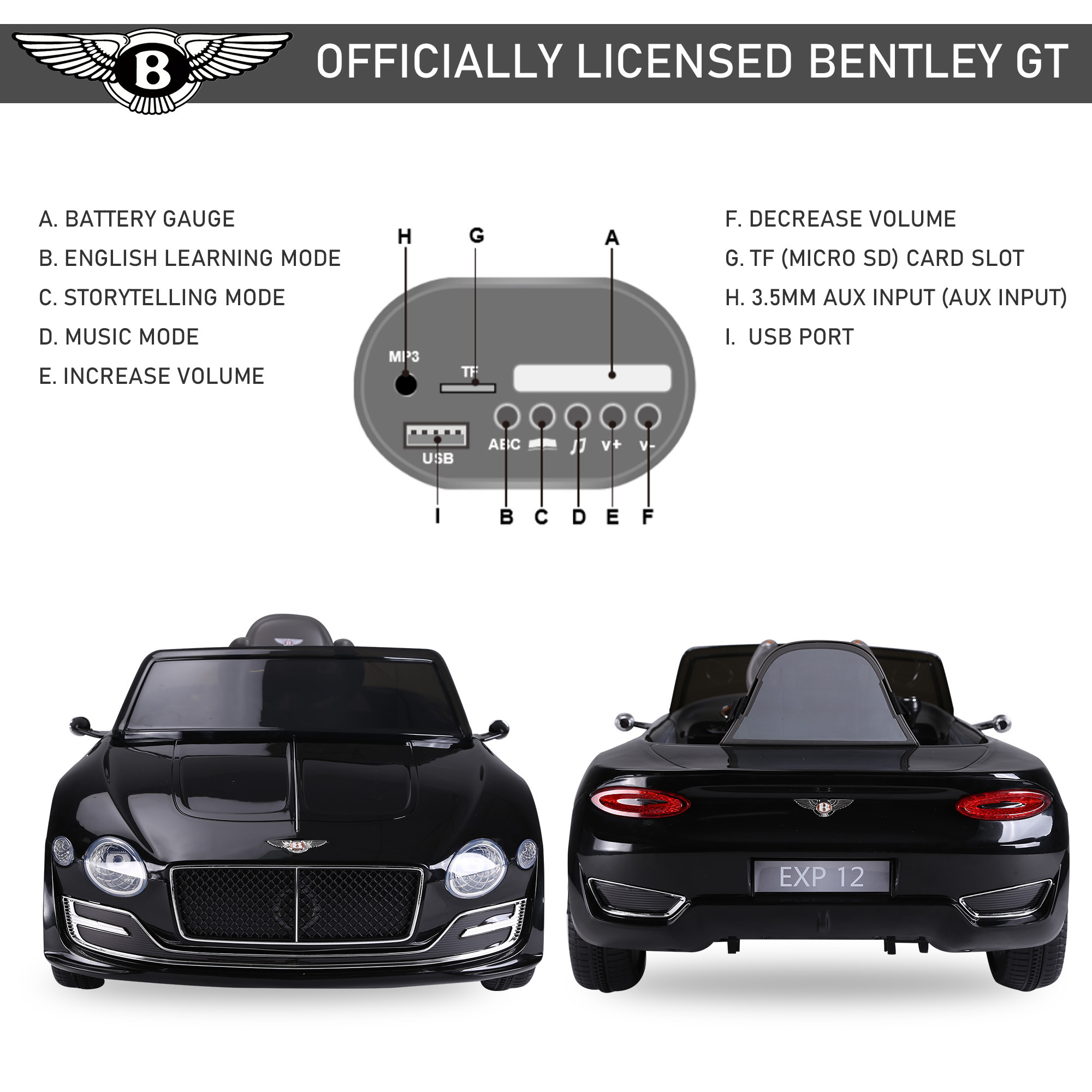 Bentley GT Licensed 12V Electric Car for Kids, Kid's Electric Ride on with Remote Control, Ride on Car with LED Lights, Music, f
