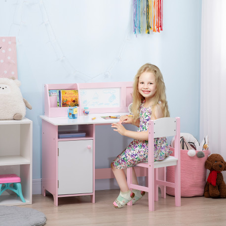 Kids Desk And Chair Set 2 PCs Childrens Table And Chair Set Multi Use Toddler Furniture with Whiteboard, Storage - Pink