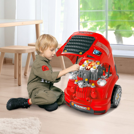 Kids Truck Engine Toy Set, Toddler Educational Car Service Station Playset, Take Apart Workshop, w/ RC Car Key, Steering wheel, 