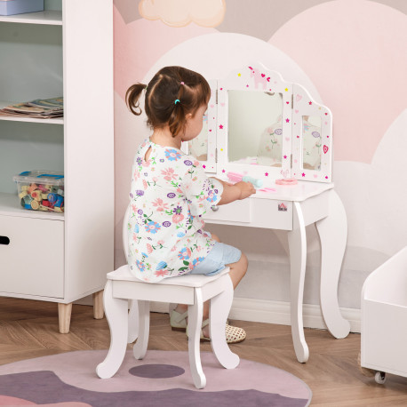 Kids Vanity Table & Stool Girls Dressing Set Make Up Desk Chair Dresser Play Set with Rotatable Mirrors Drawer Star & Heart Patt