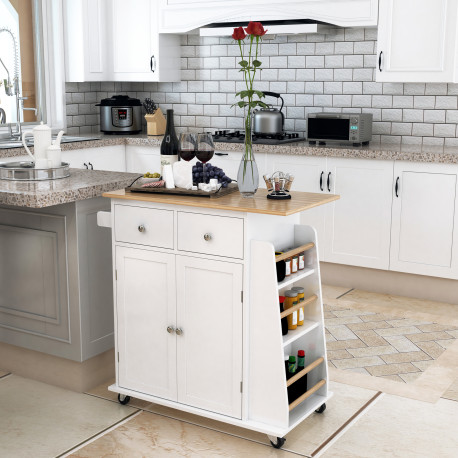 Kitchen Island on Wheels, Mobile Storage Trolley, Rolling Kitchen Cart with Rubber Wood Top, 2-Door Cabinets, 2 Drawers, Adjusta