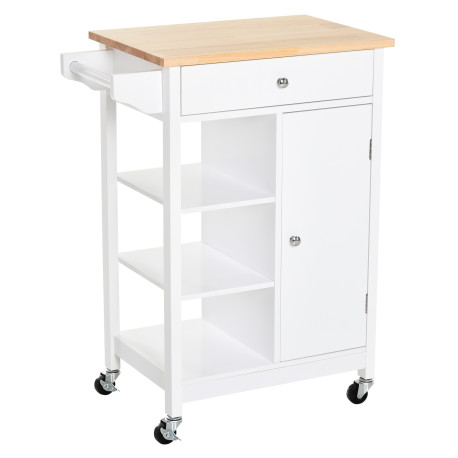 Kitchen Trolley, Kitchen Island on Wheels, w/ Wood Top, 3 Shelves and Storage Cupboard, White
