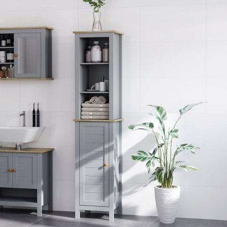 kleankin Bathroom Floor Storage Cabinet with 3 Tier Shelf and Cupboard with Door, Free Standing Linen Tower, Tall Slim Side Orga