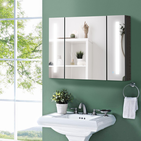 kleankin LED Bathroom Cabinet with Mirror, Wall Mounted Dimmable Brightness Storage Organiser with 3 Mirrored Doors and Adjustab