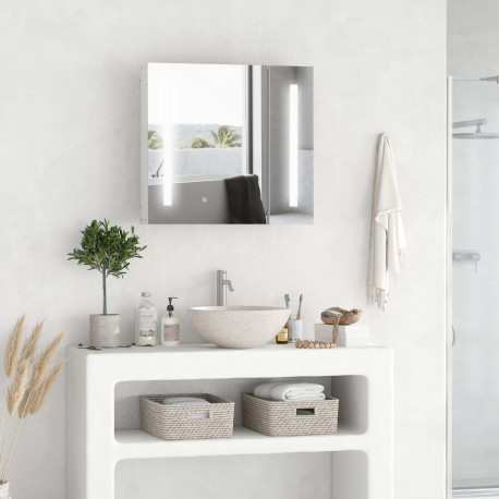Illuminated Bathroom Mirror Cabinet 650 x 700Hmm LED Bathroom Mirror with Lights Touch Switch, Adjustable Shelf,  USB Charge, Wh
